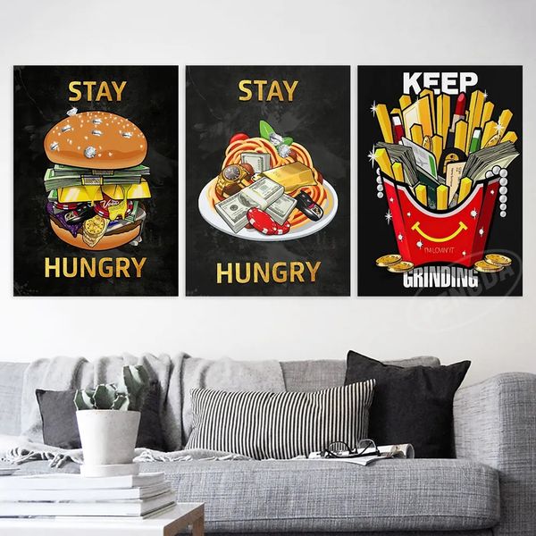 Wandkunst, modulares Hamburger-Leinwandgemälde, „Stay Hungry“, Heimdekoration, Geldmalerei, Drucke und luxuriöse Posterdrucke, Wohnzimmerdekoration, Wandbilder