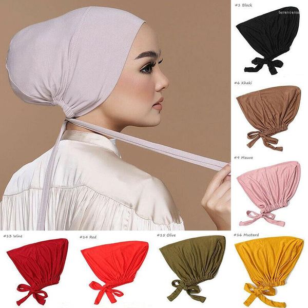 Cachecóis macios turbante muçulmano boné hijab interior boné islâmico lenço interior touca feminina turbante índia touca de cabeça sólida com cadarço