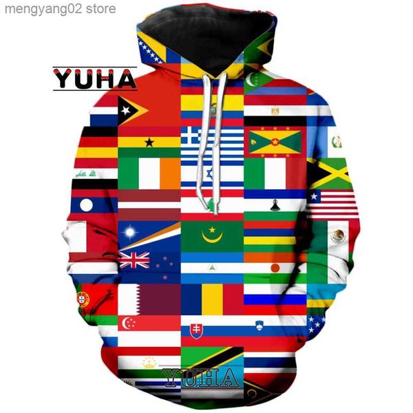 Hoodies masculinos Camisolas Bandeiras de todos os países do mundo Impresso em 3D para homens Hoodie Harajuku Fashion Sweatshirt Unisex Casual Pullover sudadera hombre T23628