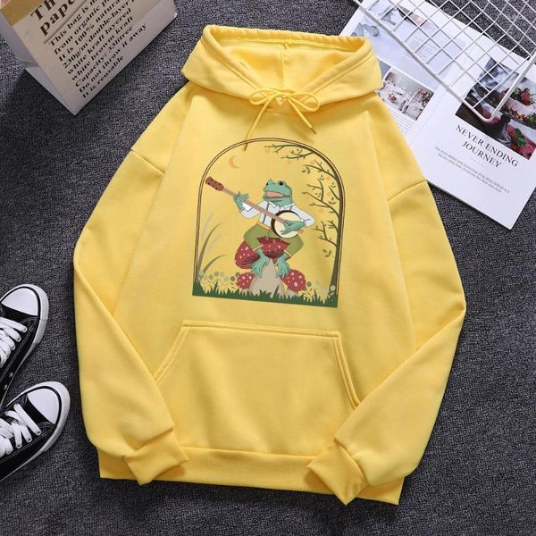 Felpe con cappuccio da uomo Cottagecore Estetica Rana che suona il banjo su fungo Carino Vintage Uomo Streetwear O-Collo Pullover casual Tasca maschile