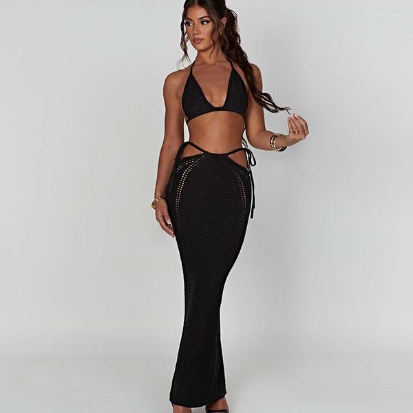 Abiti casual Ins Style Selling Sexy Street Pure Desire Hanging Neck Wrap Chest Hollow Out Splice Lace Up Set di abiti lunghi