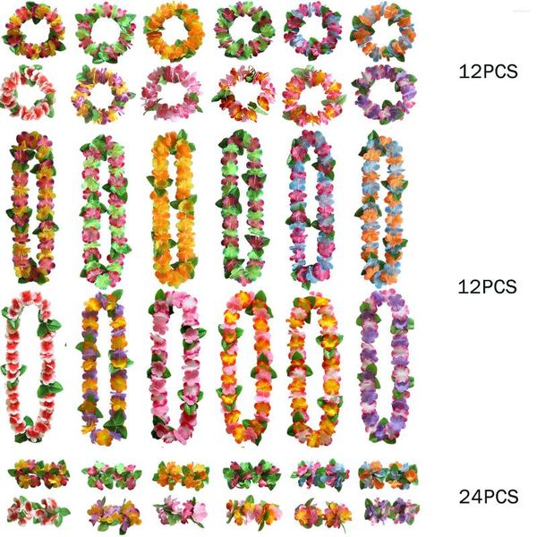 Fiori decorativi 48pcs Outfit Holiday Ghirlanda colorata Collana Catene artificiali Decorazioni per feste Braccialetti lei hawaiani tropicali Panno