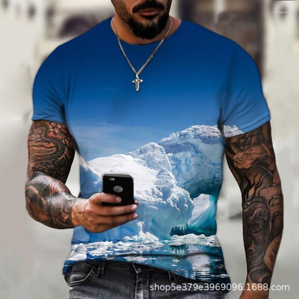 Camisetas masculinas verão vintage neve montanha impressão roupas masculinas soltas manga curta streetwear tops casuais