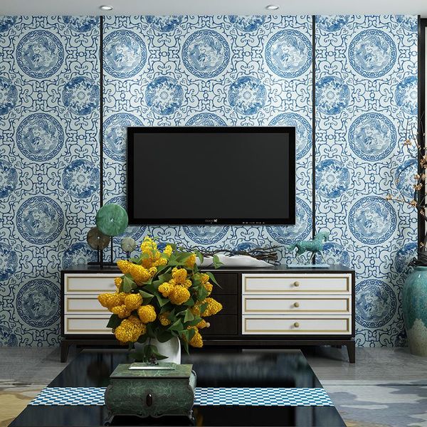 Wallpapers Home Chinesisches Dekor Blau und Weiß Porclain Beige Totem Tapeten für Wohnzimmerwände Wandgemälde Rollbehang