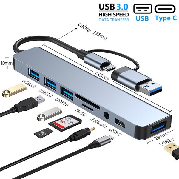 4/5/7/8 portas 2 em 1 USB C Expansor USB 3.0 Hub Type C Splitter Dock Multiport Audio Adapter USB Expander for PC