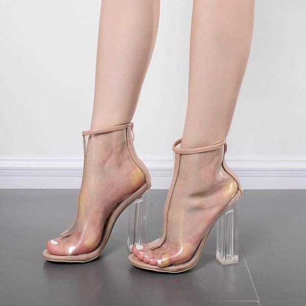 Sandálias femininas de verão elegantes e sexy salto alto boca de peixe legal botas transparente pvc zíper cristal grosso 230615