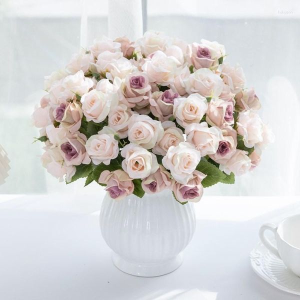 Flores decorativas 15 cabeças flor artificial rosa de seda buquê de noiva para mesa de casamento festa vaso natal decoração de casa acessório falso