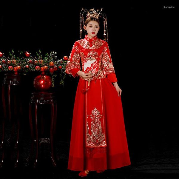 Abbigliamento etnico Moderno Cheongsam Lungo Qipao Abito da sposa tradizionale cinese Abiti in stile orientale Abito da sera in costume da brindisi da sposa