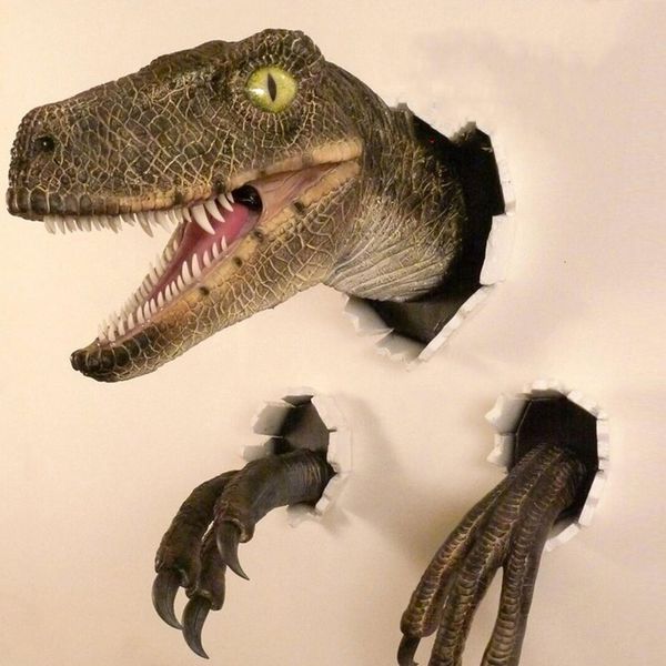 Objetos decorativos Estatuetas Dinossauro Montado na Parede Busto Realista Cabeça de Raptor Escultura em Resina Pendurado na Parede Decoração para Quarto de Crianças Bar Decoração de Casa 230628