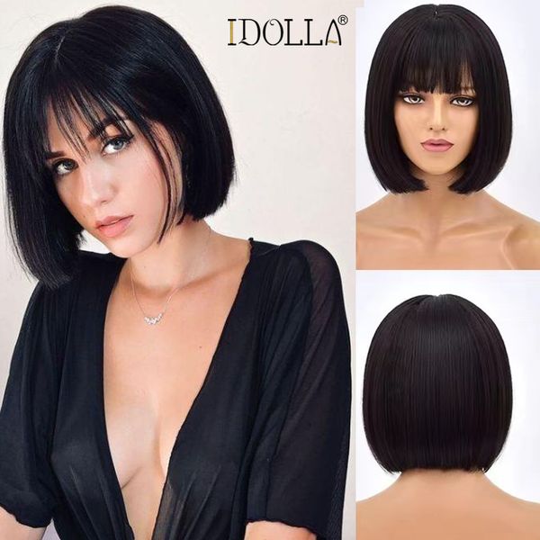 Perucas Sintéticas Idolla Curto Bob Peruca Com Franja Cheia Cor Natural Para Preto Branco Mulheres Halloween Natal Cosplay Lolita Cabelo 230627