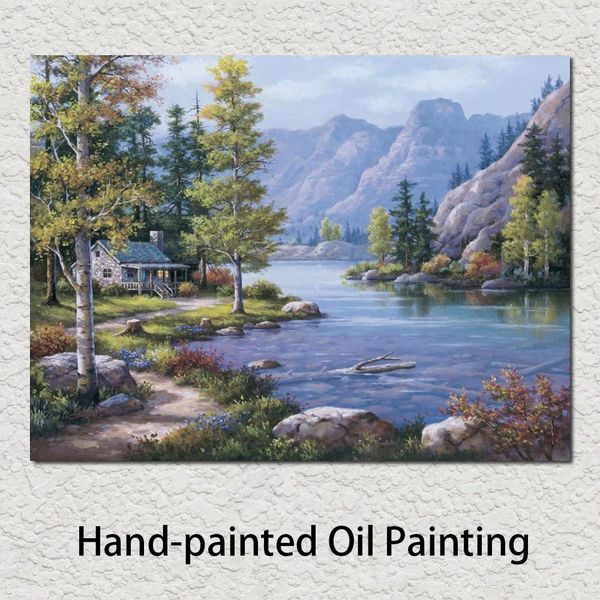 Arte moderna em tela pinturas a óleo Lakeside Lodge paisagens pintadas à mão fotos para decoração de parede de sala de escritório