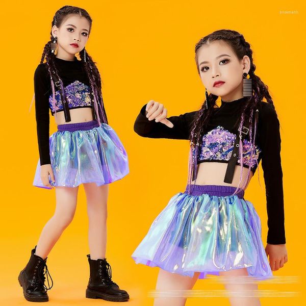 Abbigliamento da palcoscenico Costume da esibizione jazz per bambini Costume da danza moderna per ragazze Top con paillettes viola Gonna cheerlead Abbigliamento BL9924