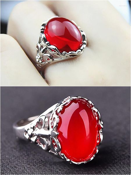 Clusterringe Vintage Schnitzerei Roter Kristall Achat Grüner Jade Rubin Smaragd Edelsteine Für Frauen Weißgold Silber Farbe Schmuck Bague Bijoux