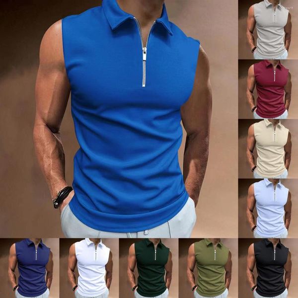 Herren Polos 2023 Sommer Herren Poloshirt Einfarbig Ärmelloses Revers T-Shirt Casual Top Europäische und amerikanische Kleidung