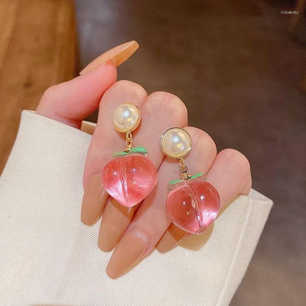 Baumelnde Ohrringe, rosa Pfirsichperle, 2023, trendige Damen-koreanische kleine frische süße Sommer-Harz-Design-Mädchen-Schmuck