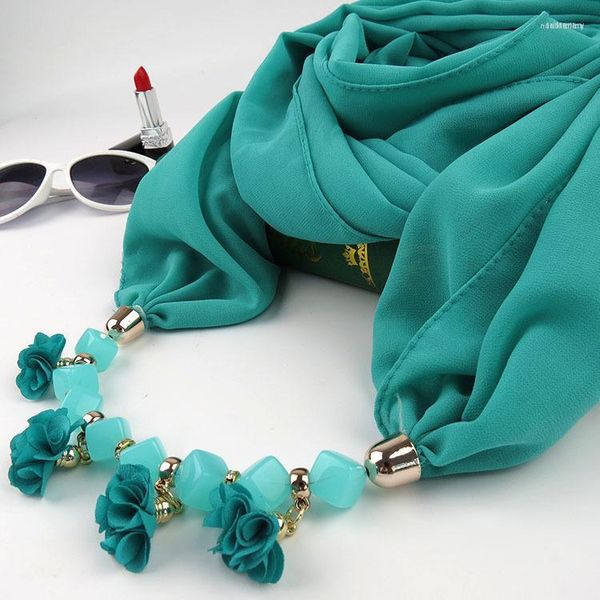 Schals Mode Dame Neckwear Stoff Blume Anhänger Halskette und Schal Druck Chiffon Perlen Hals Frauen Wrap Weibliche Echarpe