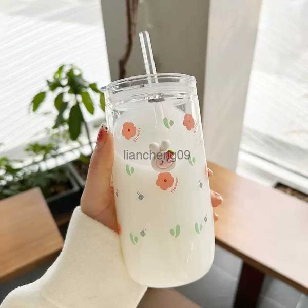 Kawaii Blumen-Glasbecher mit Deckel, Strohhalm, niedliche orange Kaffeetasse, Milch, heiße Getränke, koreanisches Wasser, Saft, Teetasse, Trinkgeschirr, Geschenk, 600 ml, L230620