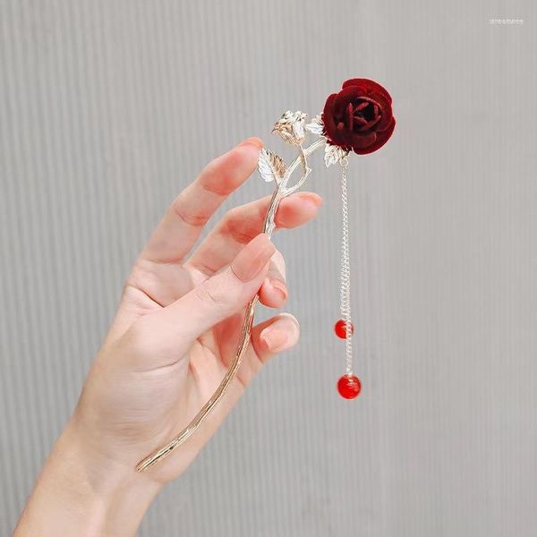 Haarspangen Chinesische beflockte Rose Haarnadel Antike exquisite Quaste High Level Retro Stick Braut Pan Kopfbedeckung