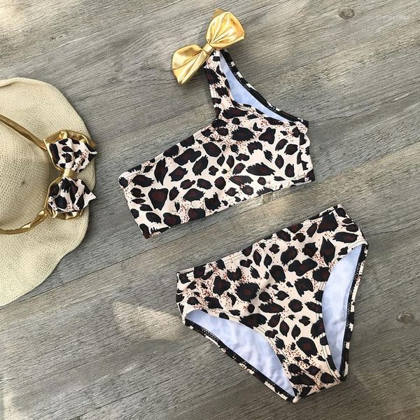 Costumi da bagno da donna Costume da bagno bikini Costume da bagno per ragazze Leopard Girl Swimming Two Piece Kid One Shoulder Abbigliamento da spiaggia per bambini