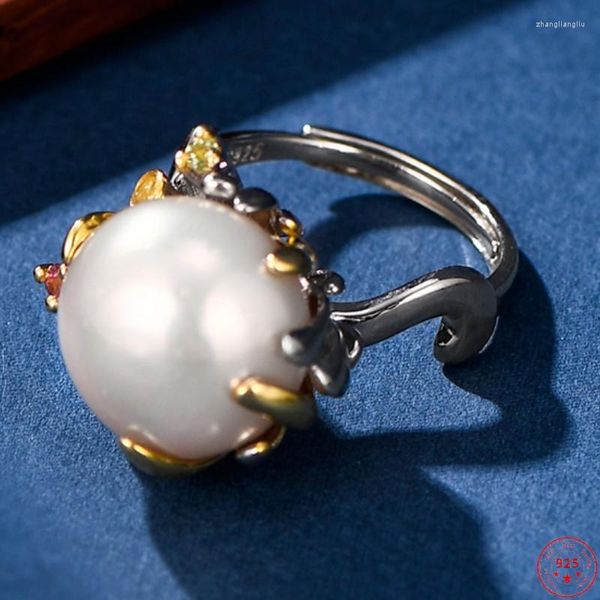 Cluster Ringe Echtes S925 Sterling Silber Für Frauen Mode Übertreiben Barock Süßwasser Perle Micro Inlay Zirkon Geschenk Schmuck