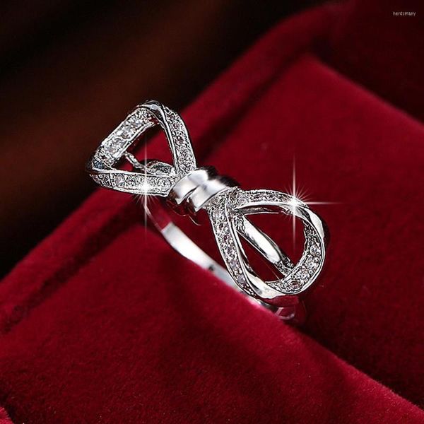 Cluster Rings Fashion Chic Bowknot Crystal Zircon Diamonds Gemstones For Women Girl White Gold Color Jewelry Band Trendy Birthday Gifts