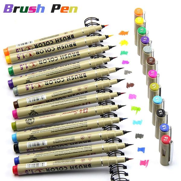 Conjunto de marcadores de 12 cores, caneta pincel aquarela à prova d'água, ponta macia, desenho, canetas marcadoras coloridas, arte escolar, marcadores