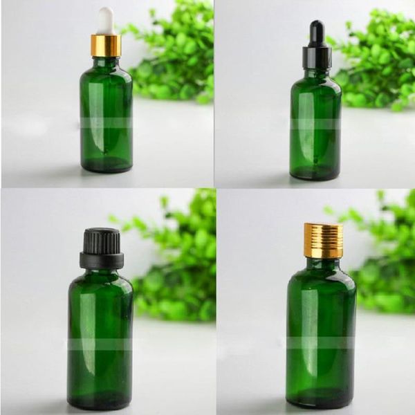 Flacone contagocce in vetro vuoto da 50 ml Bottiglie rotonde verdi con tappo nero dorato per olio essenziale di profumo liquido per succo E 440 pezzi Jsncs