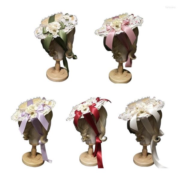 Hüte mit breiter Krempe für Damen und Mädchen, Lolita, elegant, für Teepartys, flacher Hut, mehrschichtige Spitzenhaube, künstliche Blumen, Band, Schleife, handgefertigt, Stroh, Strand