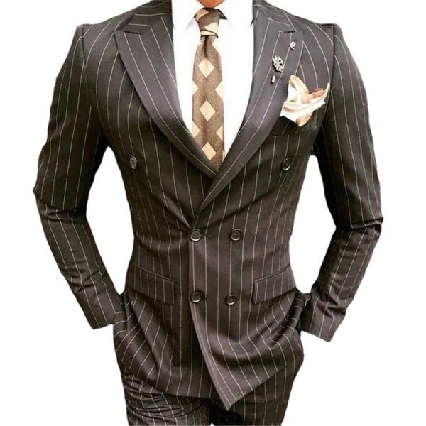 Ternos masculinos bonitos listrados marrons conjunto de 2 peças risca de giz smoking de casamento vestido de noivo blazer feito sob medida formal vestido de festa de negócios