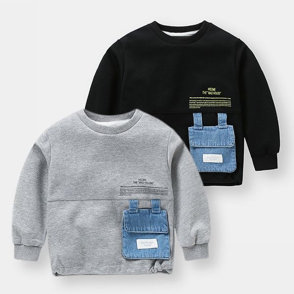 T-Shirts Frühling Herbst Mode 2 3 4 5 6 7 8 10 Jahre Kinder Schwarz Grau Denim Tasche Farbe Patchwork Sweatshirt für Kinder Baby Boy 230627