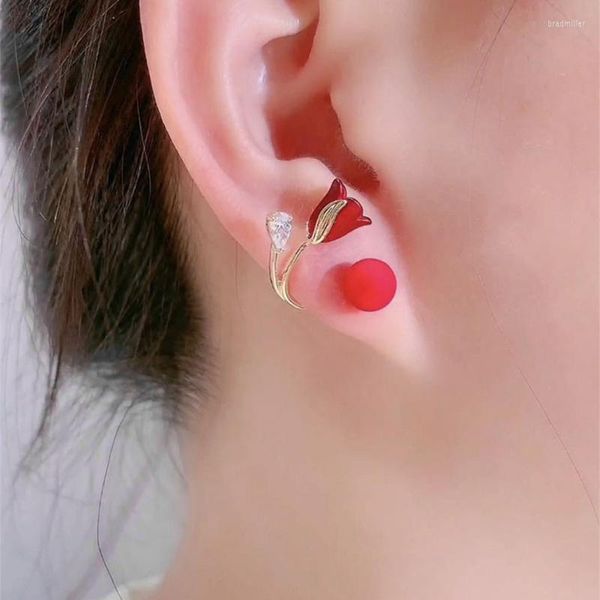 Ohrstecker Koreanische Licht Luxus Imitation Perle Blume Mode Kristall Zirkon Rote Rose Ohrring Party Weihnachten Schmuck Geschenk