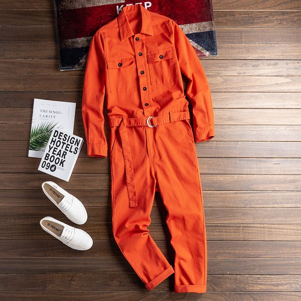 Mannen Jeans Stijlvolle Oranje Rode Jumpsuit Met Lange Mouwen Hip Hop Casual Mode MultiPocket Overalls Streetwear Cargo Broek Mannelijke Broek 230628