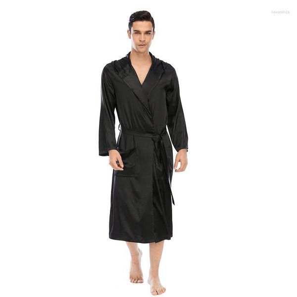 Roupa de Dormir Masculina Azul Marinho Masculino Roupão de Cetim Masculino Moda Gelo Seda com Capuz Estilo Japonês Kimono Roupão Robes Vestido Casual Lingerie