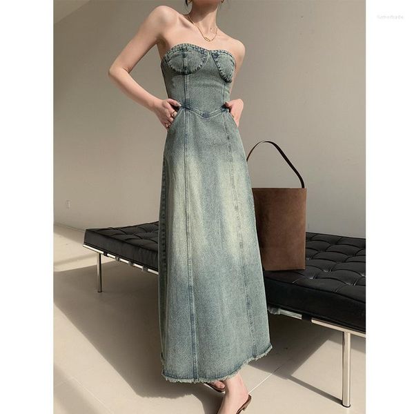 Lässige Kleider Retro für Frauen Mode trägerlos Slash Neck Slim Fit Denim A-Linie langer Rock Streetwear Damen Jean Kleid Vestidos