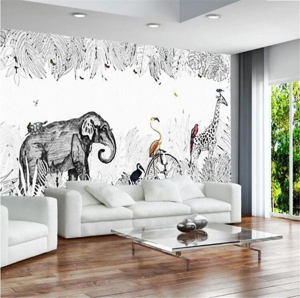 Sfondi Bacal Personalizzato 3D Semplice dipinto a mano Vintage Elefante Giraffa Carta da parati europea Murale TV Sfondo muro