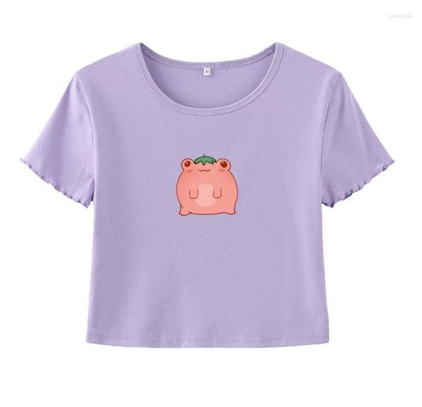 Kadın T Shirt Çilek Kurbağa Kırpma Tshirt Harajuku Kawaii Tarzı Kaburga Yaz Ince Üst Ruffled Kollu Kadın Estetik Sanat Vintage Tee