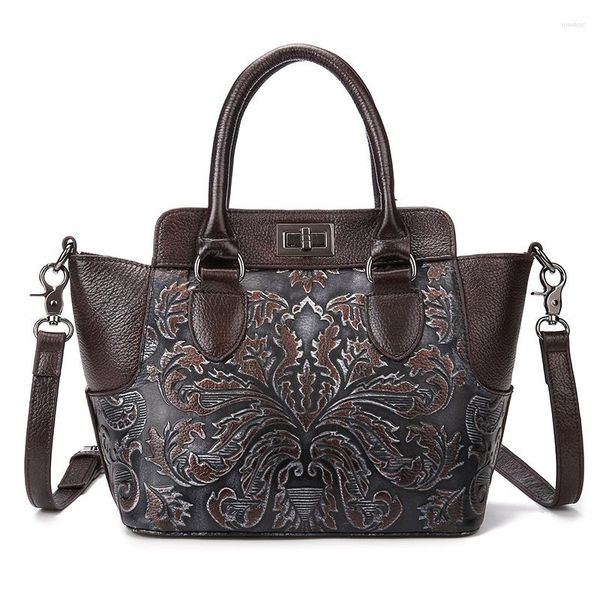 Bolsas de noite Moda Feminina Bolsas de Couro Genuíno Senhoras Retro Flores Ombro Bolsa Mensageiro Feito à Mão Real Feminino Mulher Menina