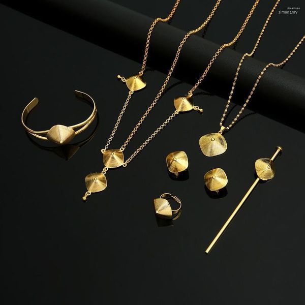 Conjunto de brincos de colar etíope cor de ouro da Eritreia com acessórios de cabelo para joias de casamento de noiva africana