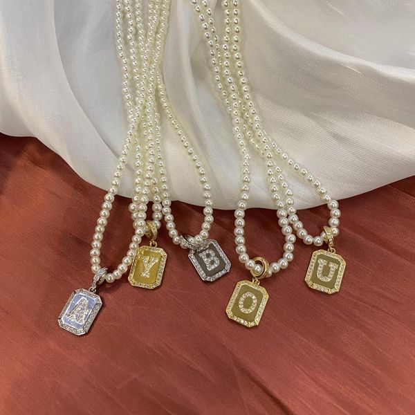 Anhänger Halsketten Bens Geometrische Rechteck Buchstaben Halskette CZ Kristall Initialen Perle DIY Handgemachten Schmuck Großhandel