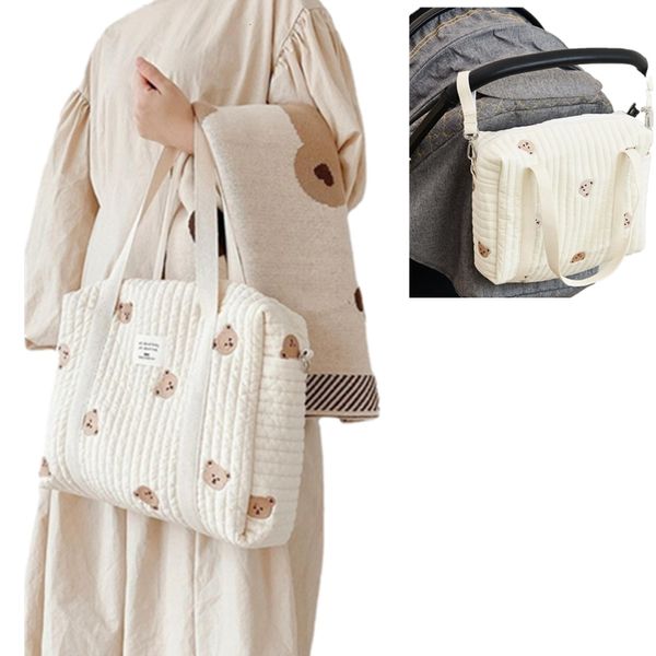 Borse per pannolini Borsa per passeggino per animali da orso Nata in tessuto di cotone beige con cerniera Borsa a tracolla per mummia da viaggio 230628