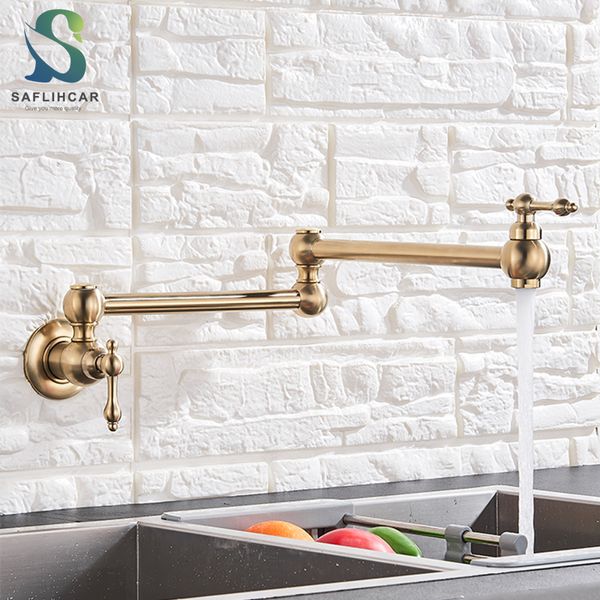 Rubinetti per lavabo da bagno Rubinetto da cucina pieghevole in oro spazzolato Rubinetto per lavabo monoforo singolo freddo Ruota beccuccio pieghevole Rubinetto per pentola in ottone a parete 230628