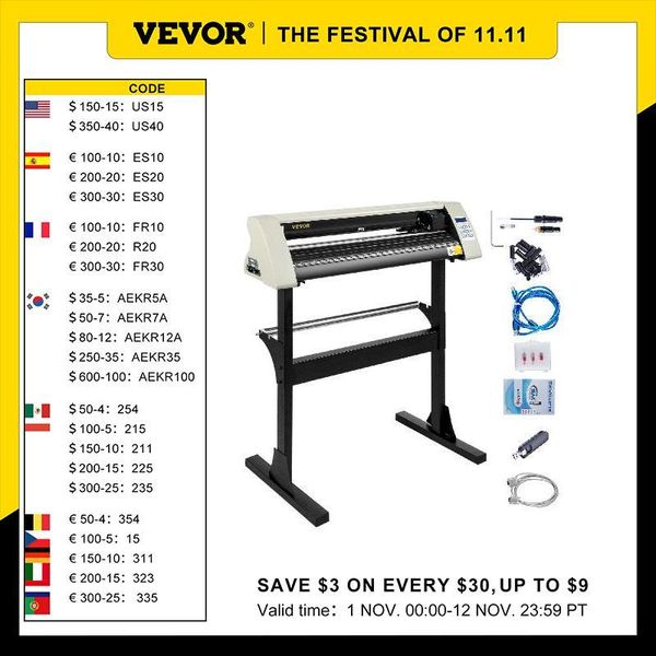 Plotter VEVOR 28 pollici Taglierina per vinile/Plotter per macchina da taglio per segnaletica Software 3 lame Display LCD retroilluminato Bianco Software SIGNMASTER