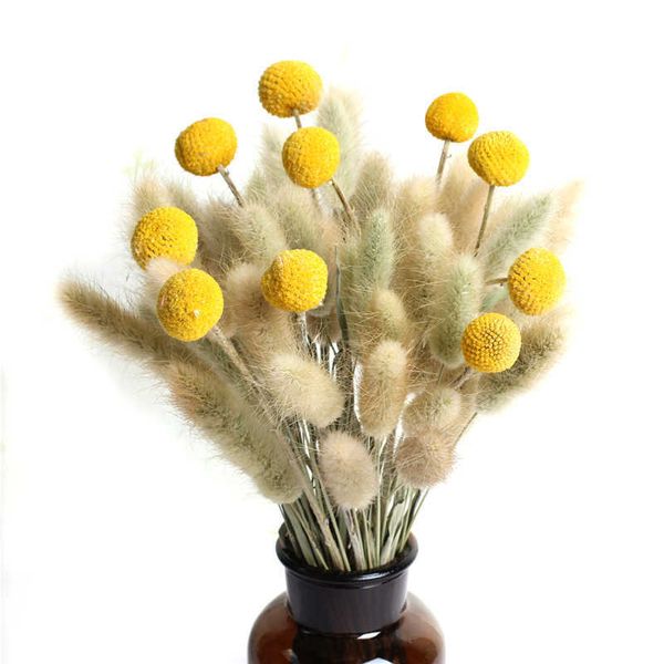 Buquê de flores secas, bolas de ouro naturais, buquê de grama de coelho, amarelo para decorações artificiais de festa de quarto
