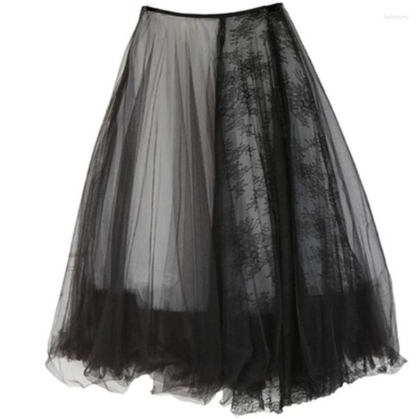 Saias Gótica Escura Cintura Alta Costura Renda Cinco Camadas Preto E Branco Mesh Saia Fofa Plus Size Lolita