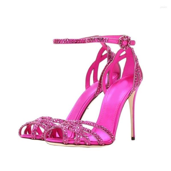 Sandalen Rosy Kristall Riemchen Peep Toe Thin High Heel Knöchelriemen Stiletto 2023 Sommer Frauen Schuhe Party Bling