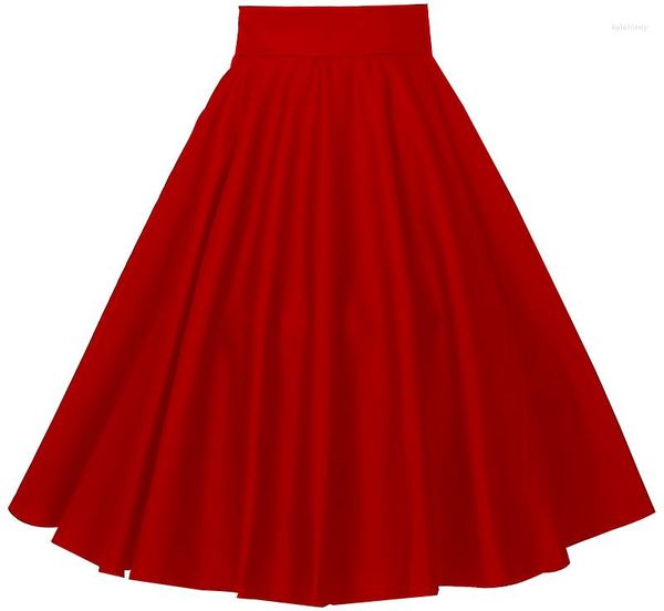 Saias Cintura Alta Círculo Swing Vermelho Vintage Rockabilly Roupas Com Bolsos Vestidos Jupe SK407R