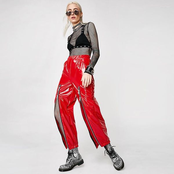 Calças femininas street cintura alta esticada couro PU cargo pant mulheres soltas longas zíper brilhante patenteado bolso streetwear personalizado