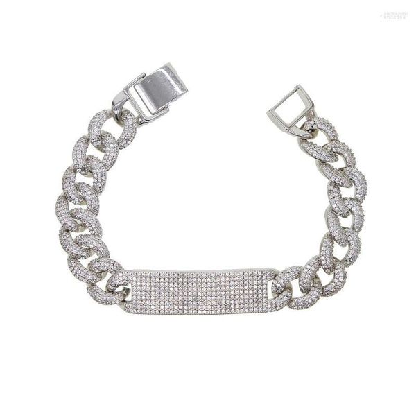 Браслет Серебряного Цвета Iced Out Bling Micro Pave White CZ Bar Шарм Браслет Снаряженная Майами Кубинская Звено Цепи Хип-Хоп Женщины Мужчины Ювелирные Изделия