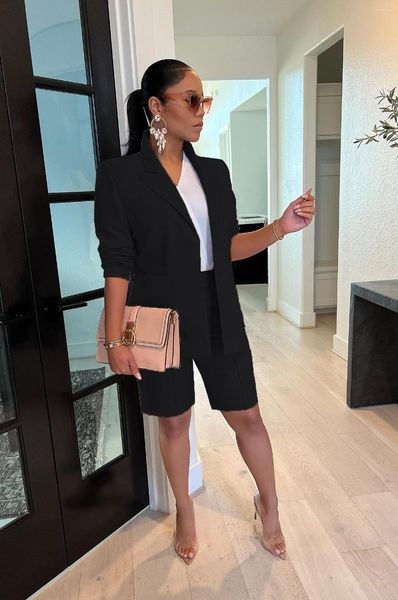 Conjunto de agasalhos femininos elegantes de botão único manga longa e shorts 2023 escritório sólido moda feminina negócios uniformes de trabalho blazer terno