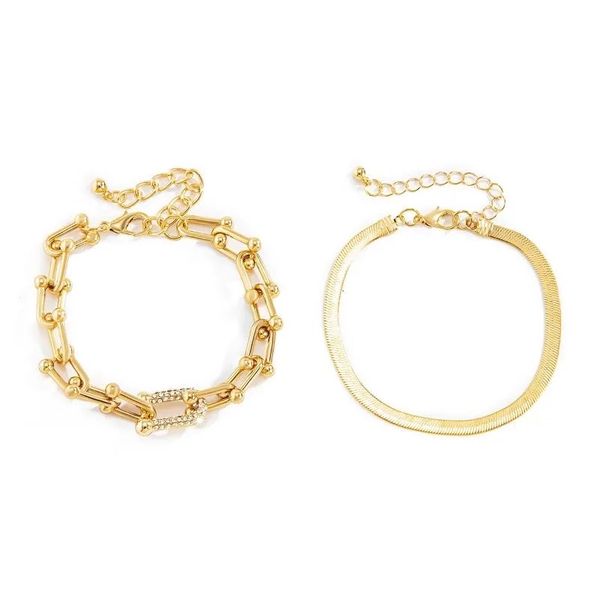 Bracciale rigido progettato jewerly Catena a maglie di cristallo Fibbia a forma di U Bracciale rigido in metallo Dichiarazione Oro Argento Colore Collegamento Moda